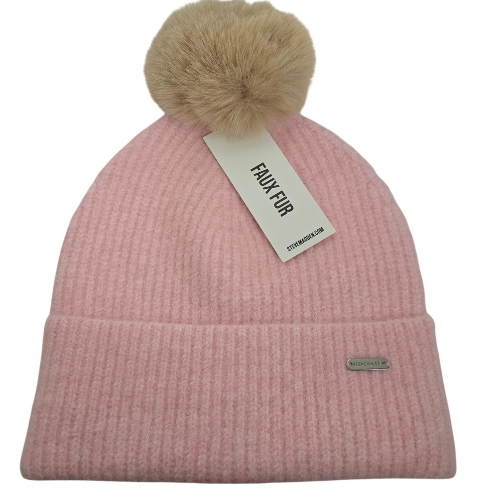 Steve Madden Pink Ribbed Knit Beanie Tan Faux Fur Pom NWT Silver Logo
